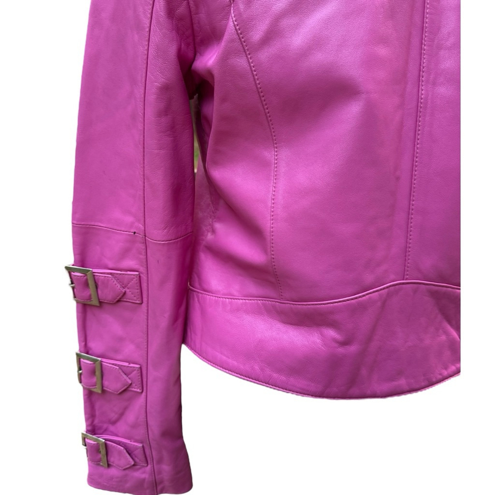 Fuchsia Pink Leather Moto Jacket São Paulo Size 6 – Cropped Buckle Sleeve Biker - Picture 9 of 15